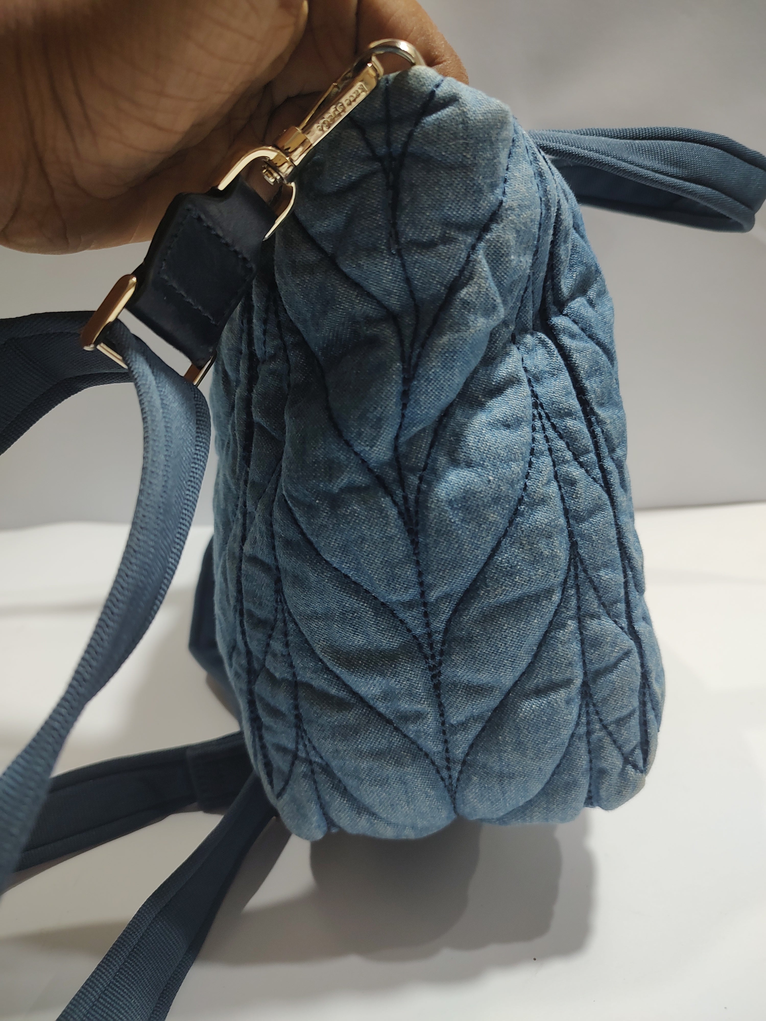 Quilted Denim Crossbody Tote - Leaf Pattern Stitching in Light Wash Blue 🧵💙