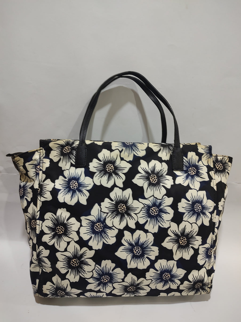 Large Floral Print Tote Bag – Navy Blue & Off-White Canvas with Black Handles