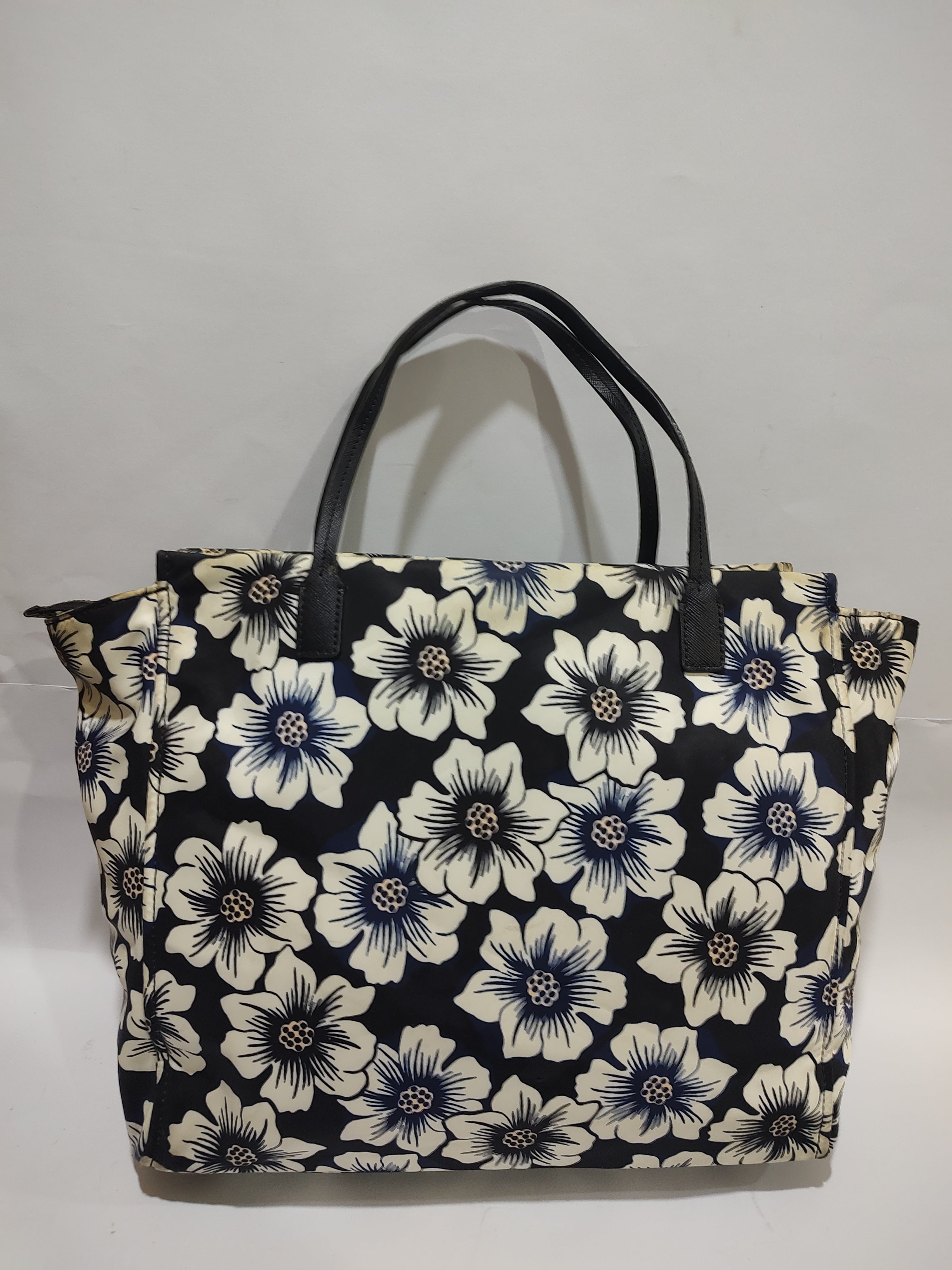 Large Floral Print Tote Bag – Navy Blue & Off-White Canvas with Black Handles