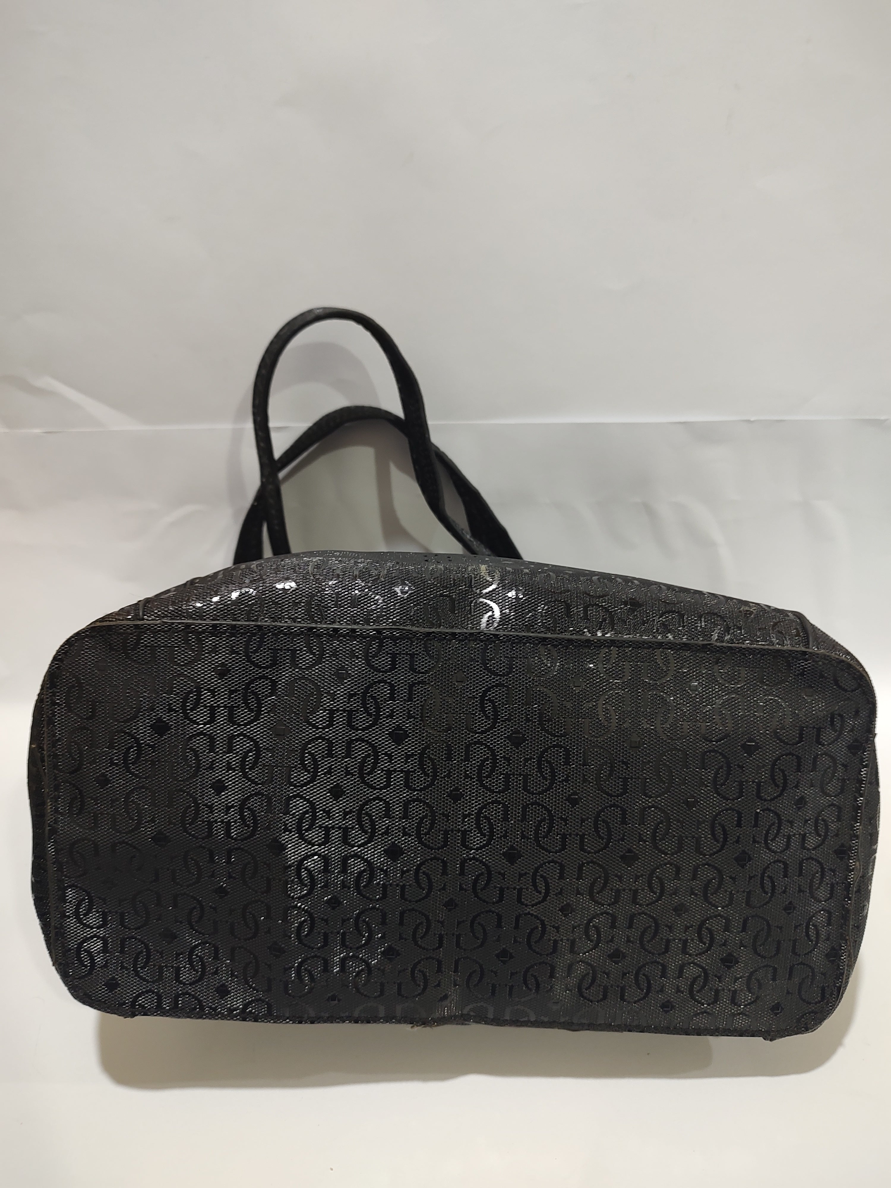 Glossy Black Monogram Large Tote – Embossed Textured Shoulder Bag with Gunmetal Accents