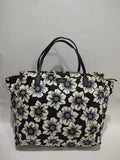 Large Floral Print Tote Bag – Navy Blue & Off-White Canvas with Black Handles