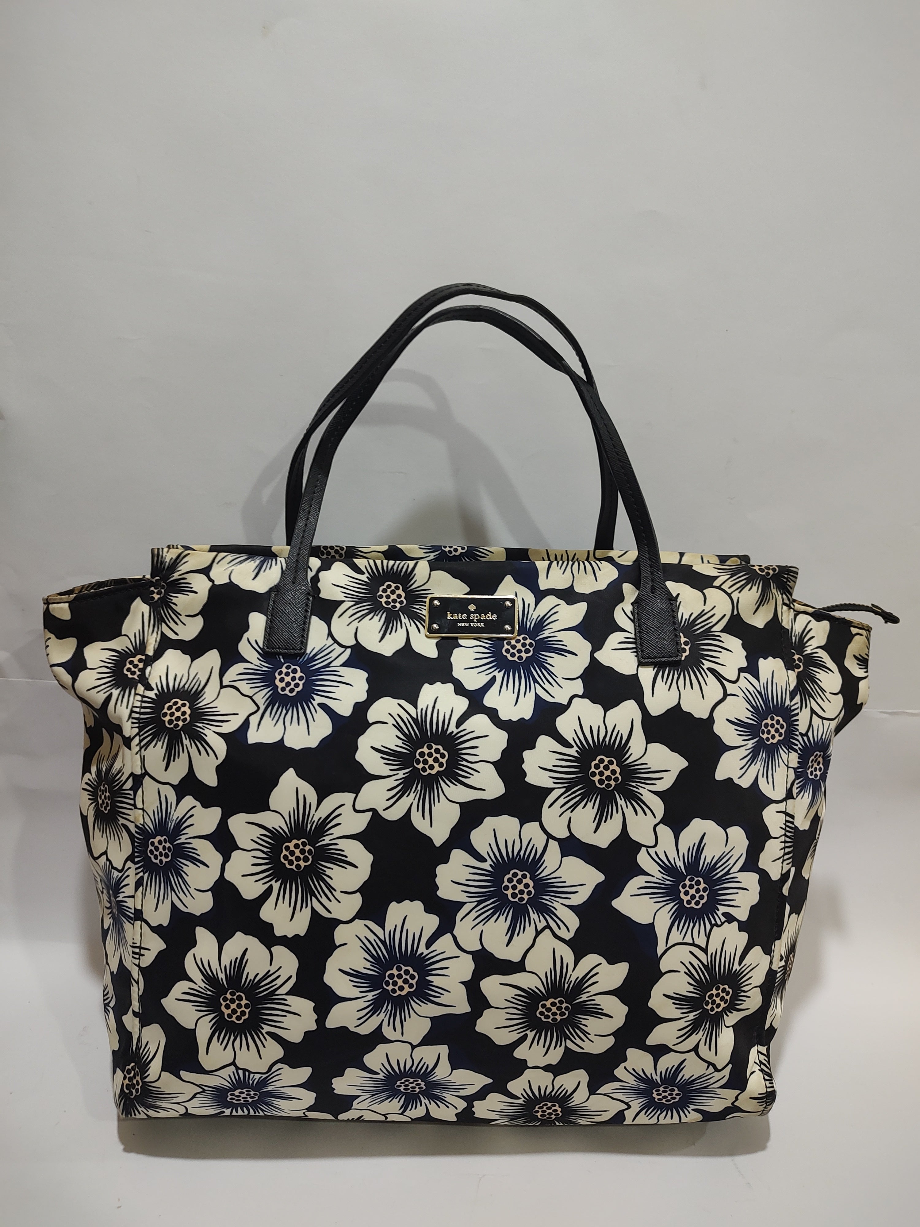 Large Floral Print Tote Bag – Navy Blue & Off-White Canvas with Black Handles