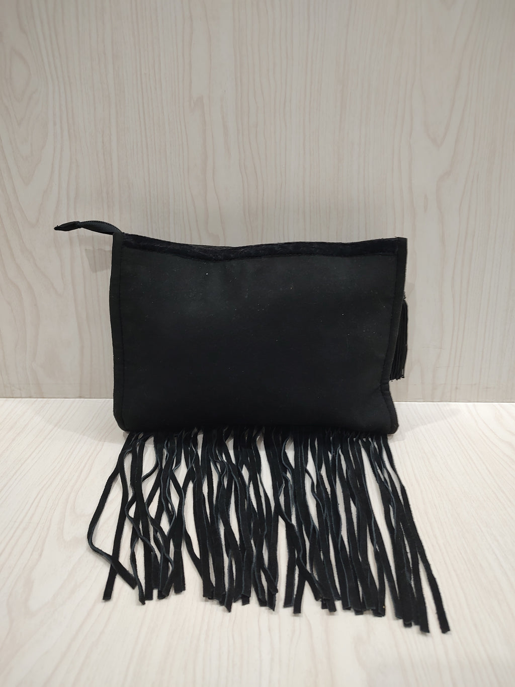 Boho-Glam Beaded Black Clutch with Dramatic Fringe