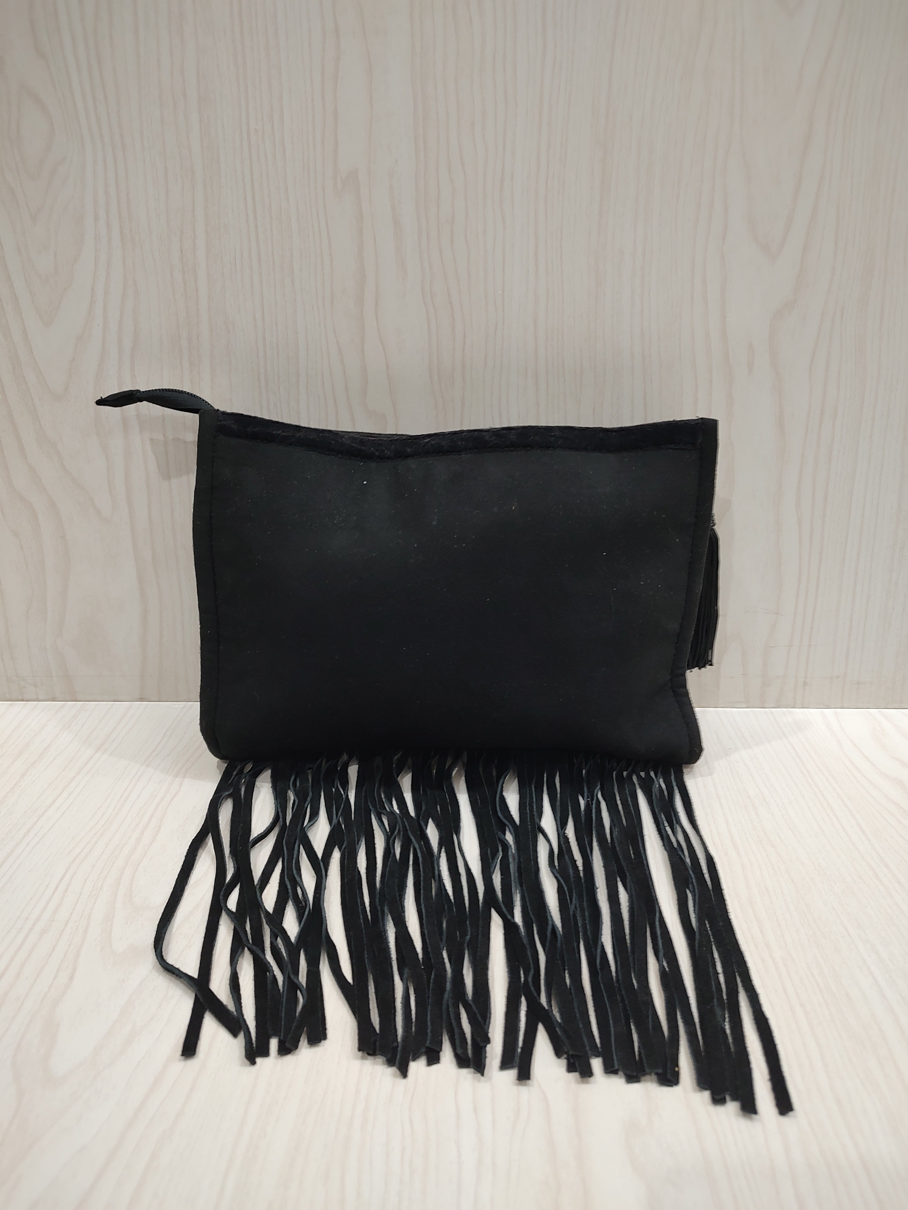 Boho-Glam Beaded Black Clutch with Dramatic Fringe