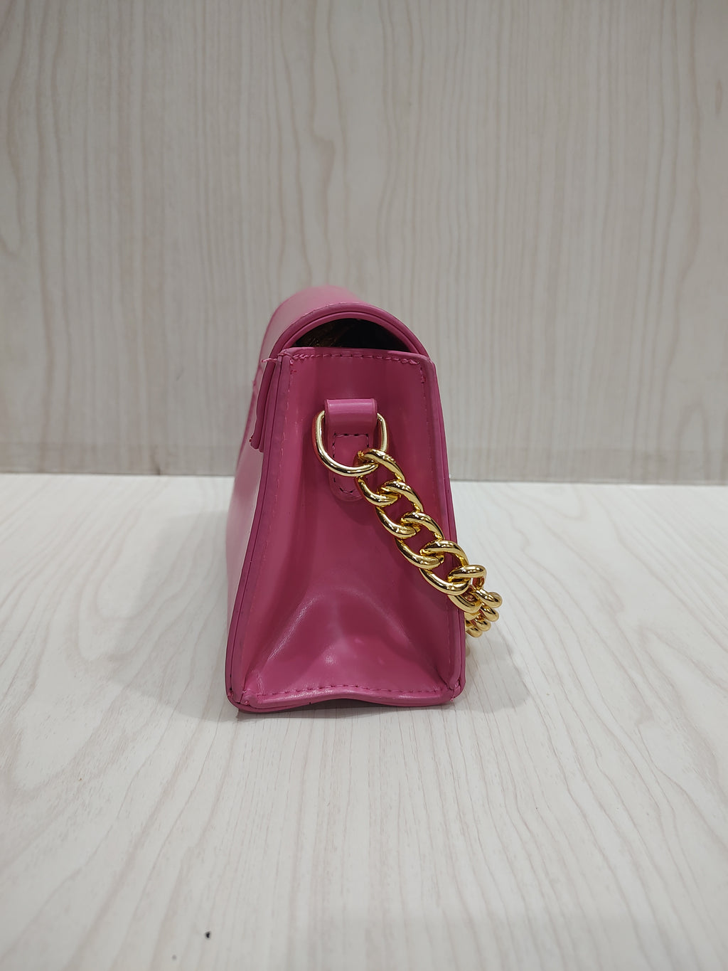 Bubblegum Pink Trapeze Mini Hand Bag with Chunky Gold Chain