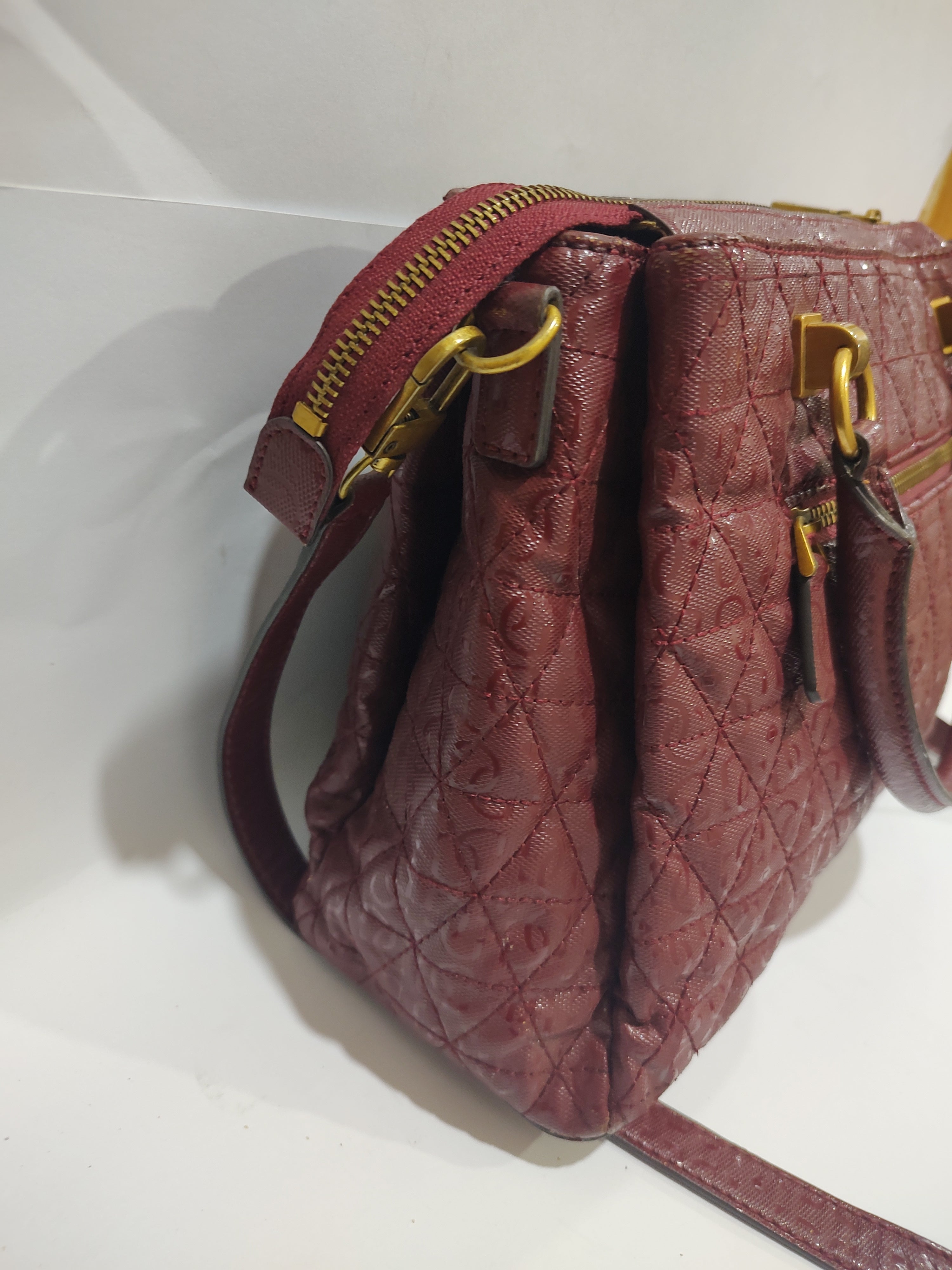 Elegant Maroon Quilted Satchel Bag – Textured Vegan Leather with Antique Gold Hardware