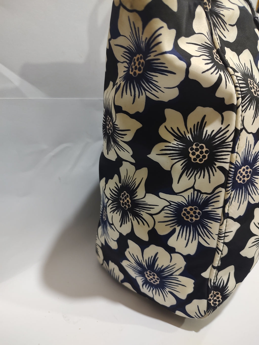 Large Floral Print Tote Bag – Navy Blue & Off-White Canvas with Black Handles