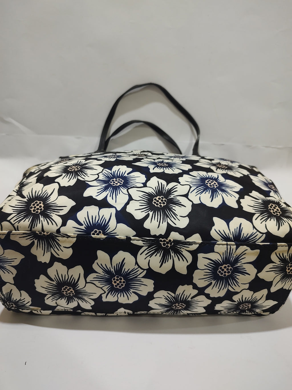 Large Floral Print Tote Bag – Navy Blue & Off-White Canvas with Black Handles