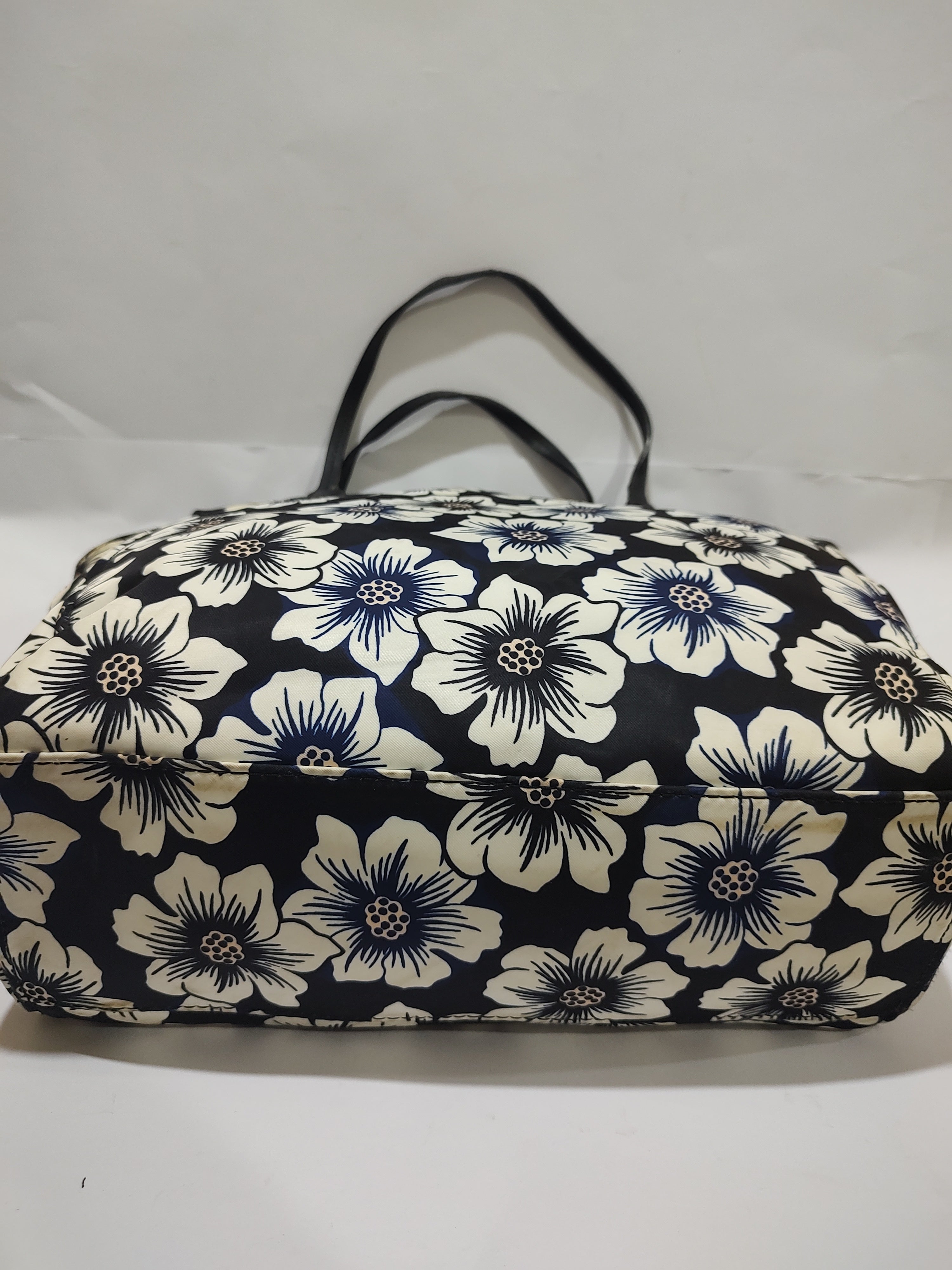 Large Floral Print Tote Bag – Navy Blue & Off-White Canvas with Black Handles