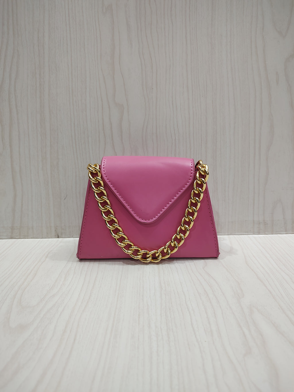 Bubblegum Pink Trapeze Mini Hand Bag with Chunky Gold Chain