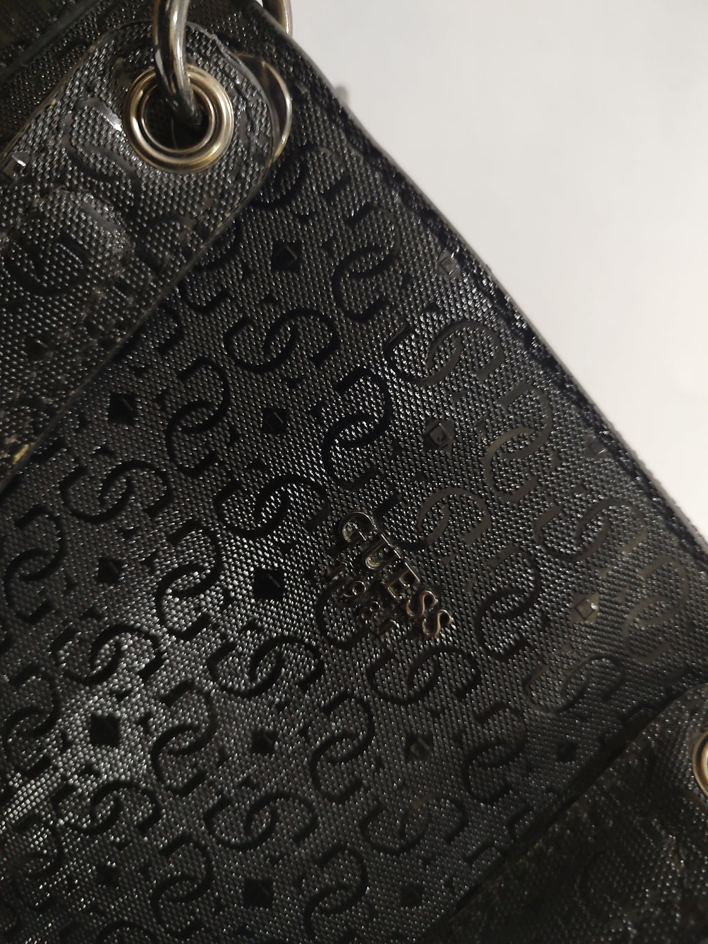 Glossy Black Monogram Large Tote – Embossed Textured Shoulder Bag with Gunmetal Accents