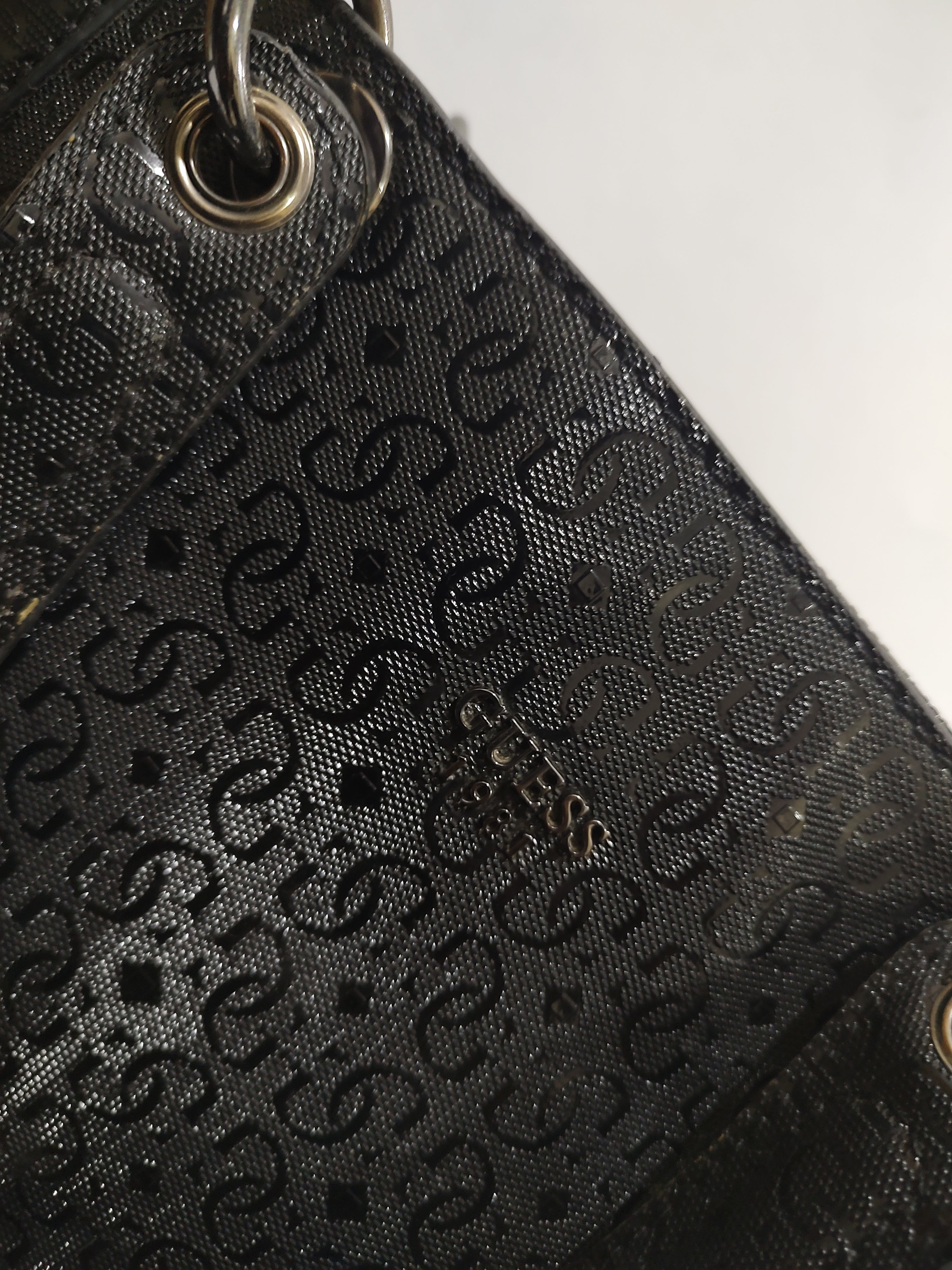 Glossy Black Monogram Large Tote – Embossed Textured Shoulder Bag with Gunmetal Accents