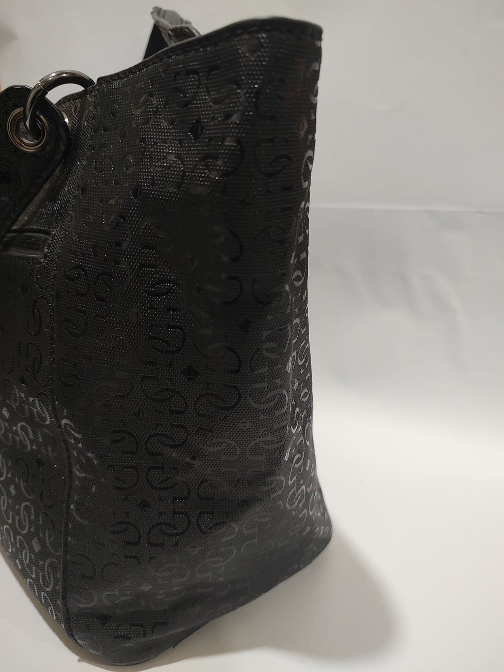 Glossy Black Monogram Large Tote – Embossed Textured Shoulder Bag with Gunmetal Accents