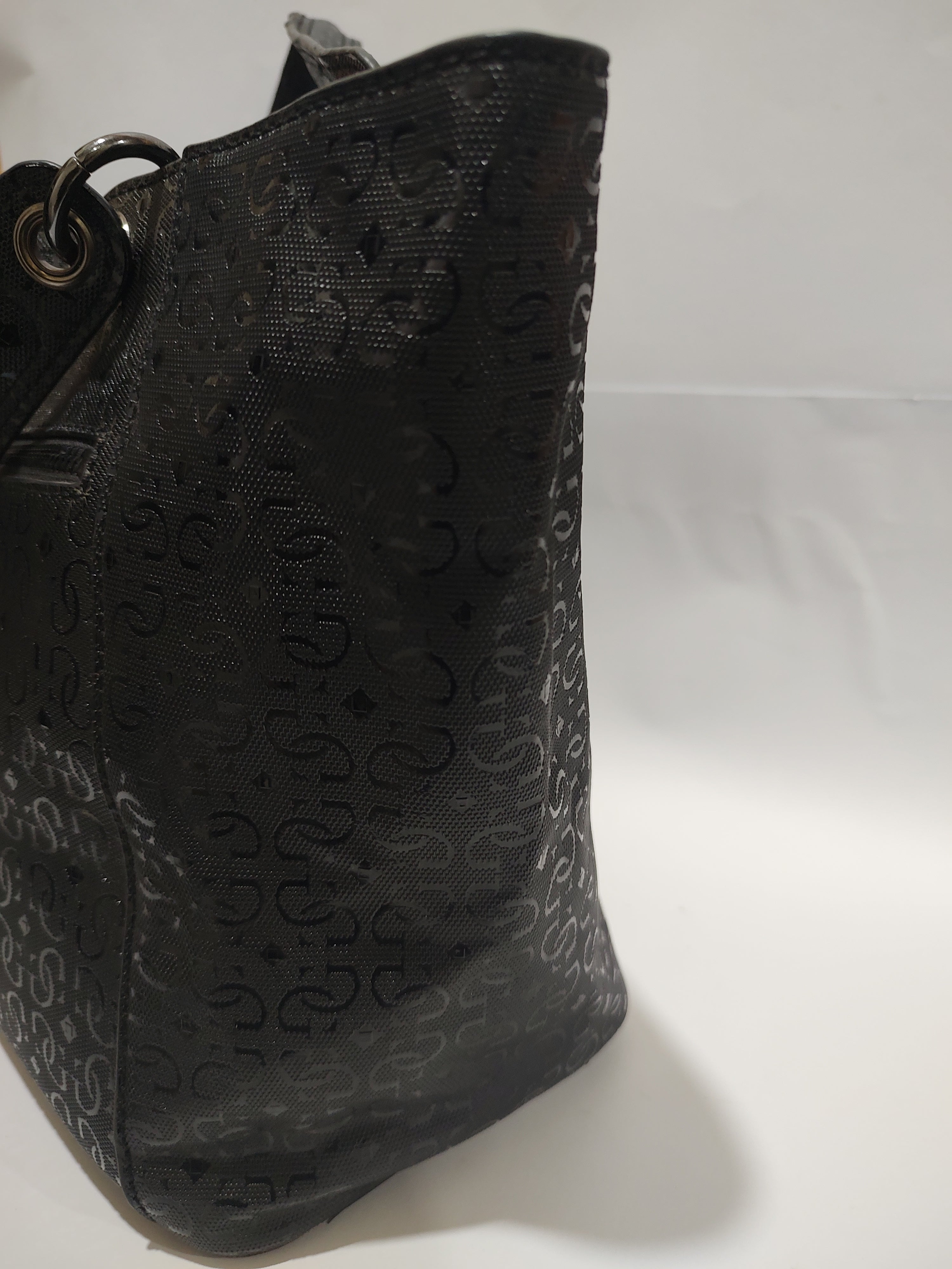 Glossy Black Monogram Large Tote – Embossed Textured Shoulder Bag with Gunmetal Accents