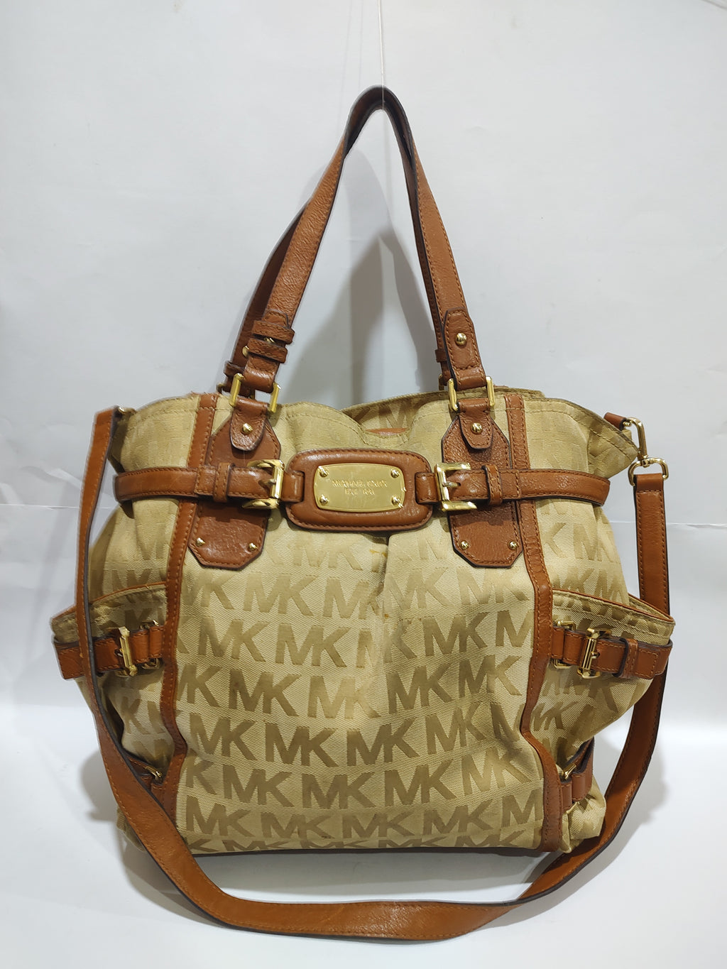 Premium Monogram Jacquard Satchel Bag – Elegant Beige & Tan Two-Tone