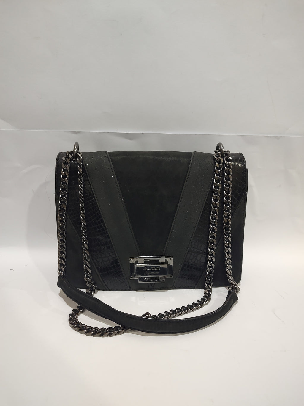 Chic Black Mixed-Texture Crossbody Bag – Gunmetal Chain & Snakeskin Accents