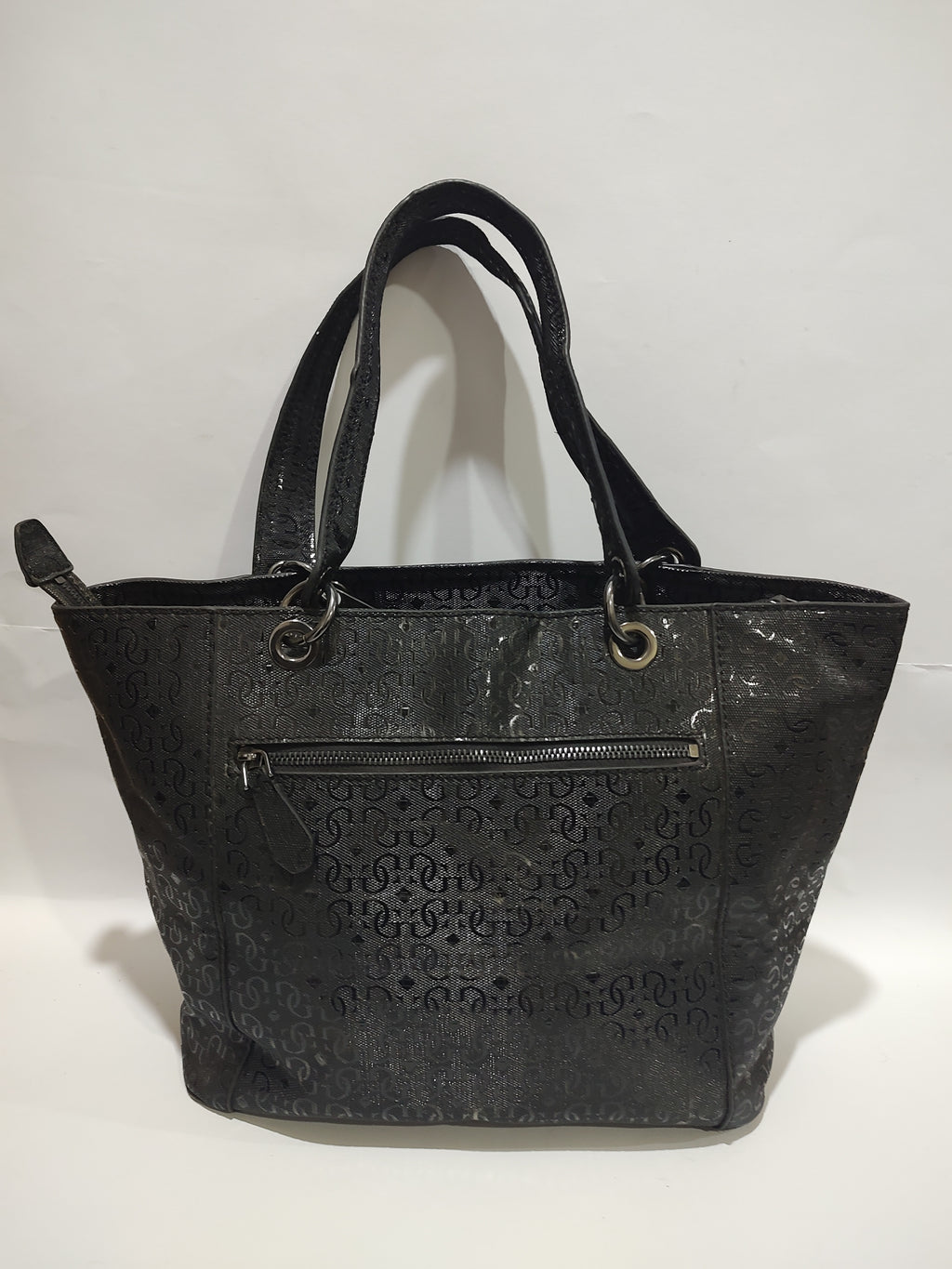 Glossy Black Monogram Large Tote – Embossed Textured Shoulder Bag with Gunmetal Accents