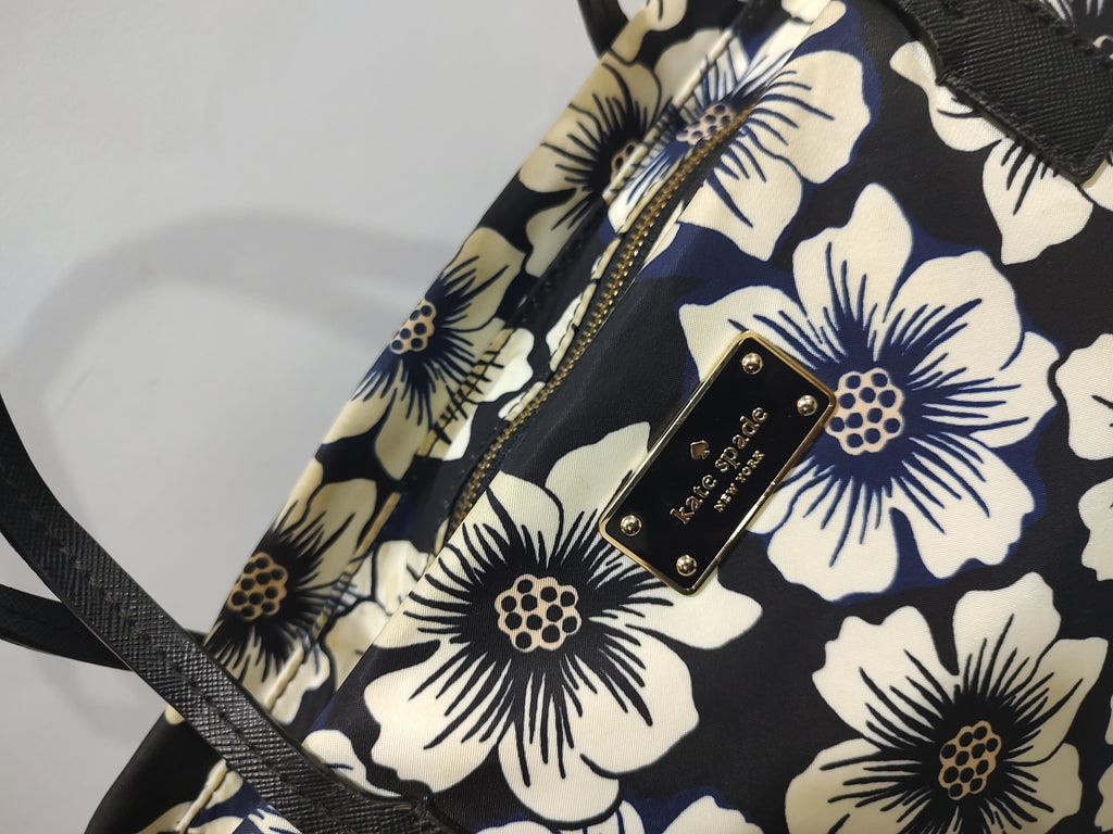 Large Floral Print Tote Bag – Navy Blue & Off-White Canvas with Black Handles