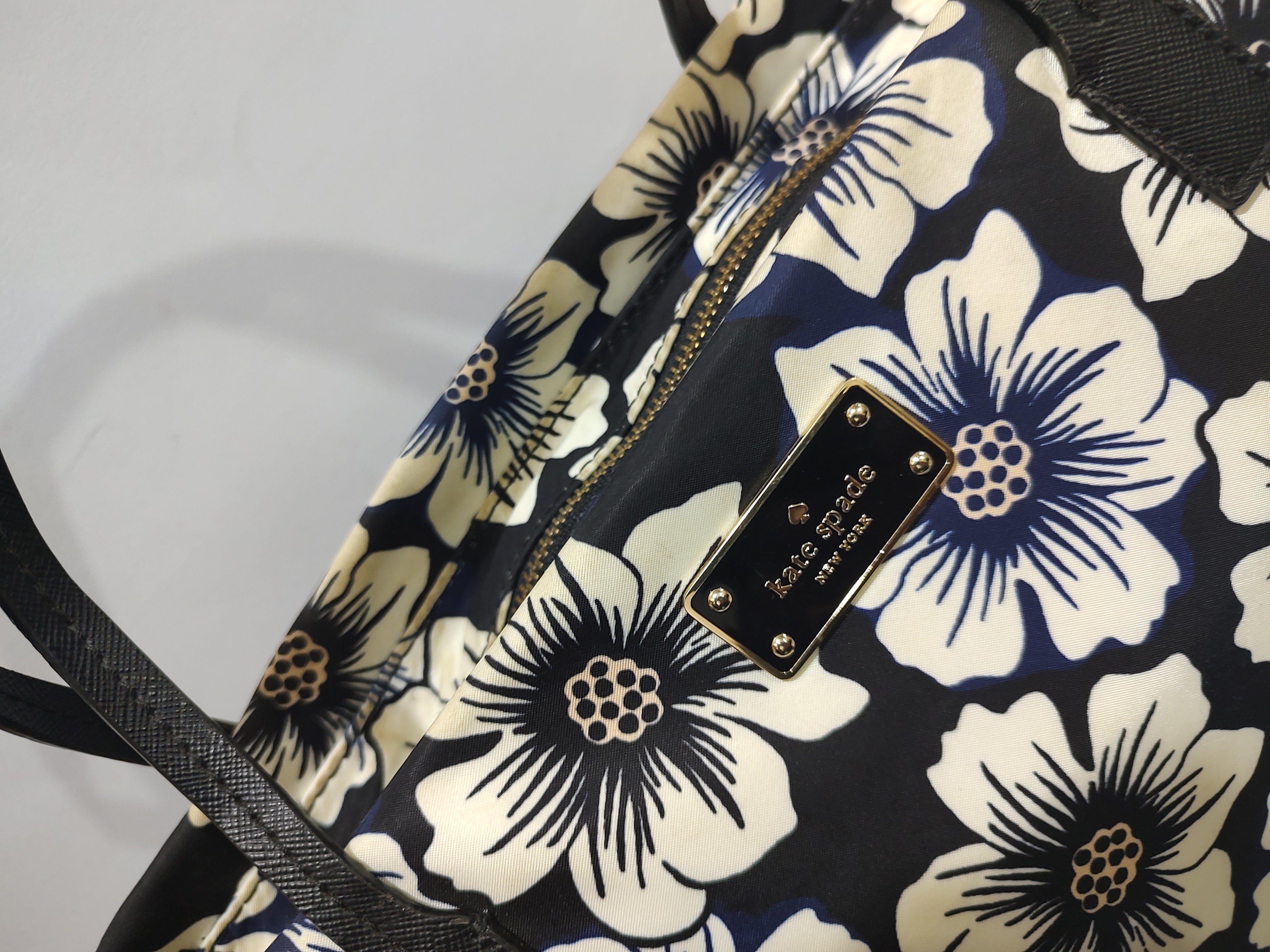 Large Floral Print Tote Bag – Navy Blue & Off-White Canvas with Black Handles