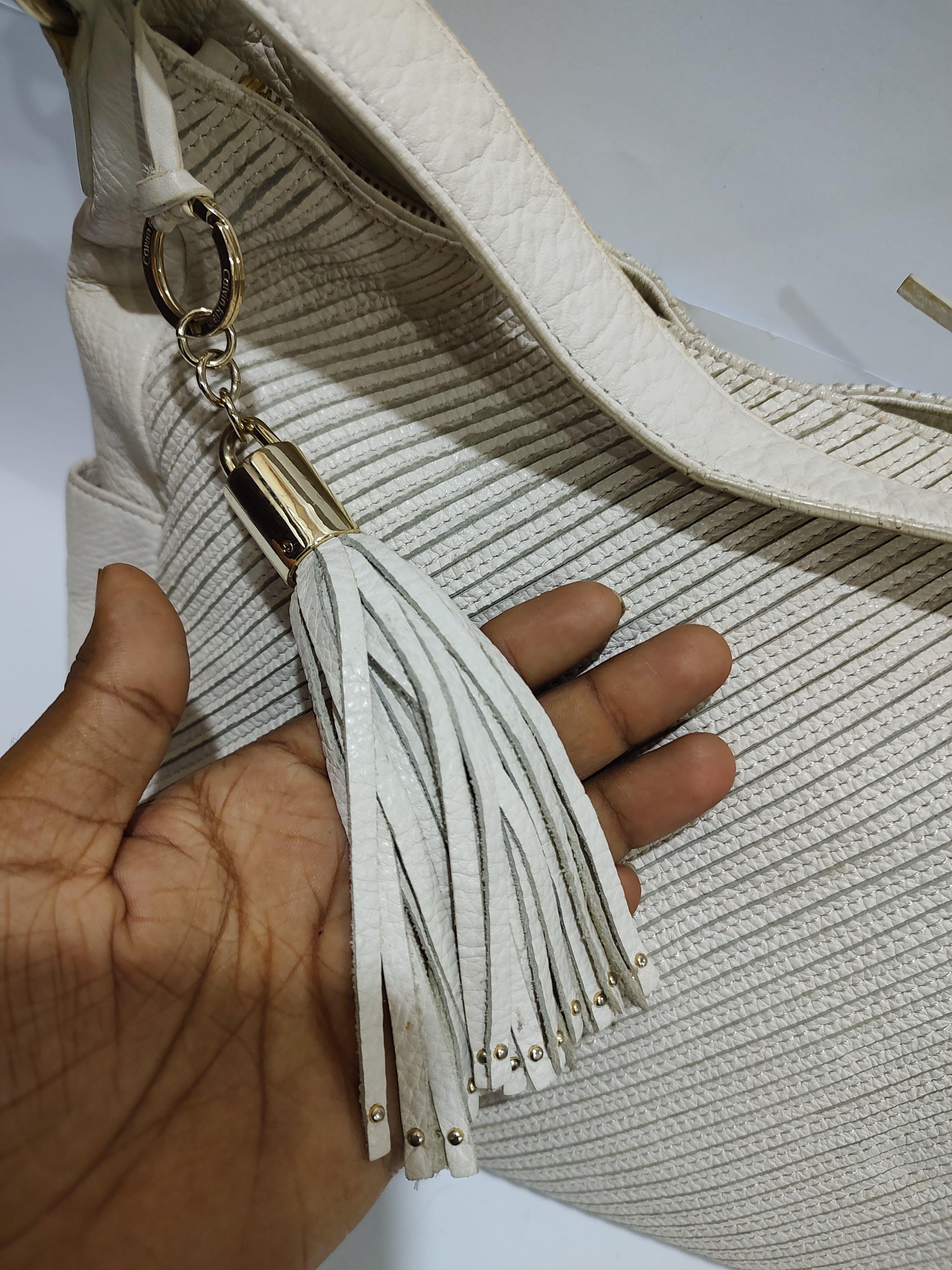 Cream Pleated Textured Hobo Bag with Tassel 🍦👜