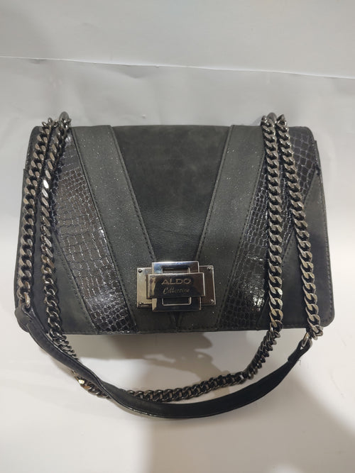Chic Black Mixed-Texture Crossbody Bag – Gunmetal Chain & Snakeskin Accents