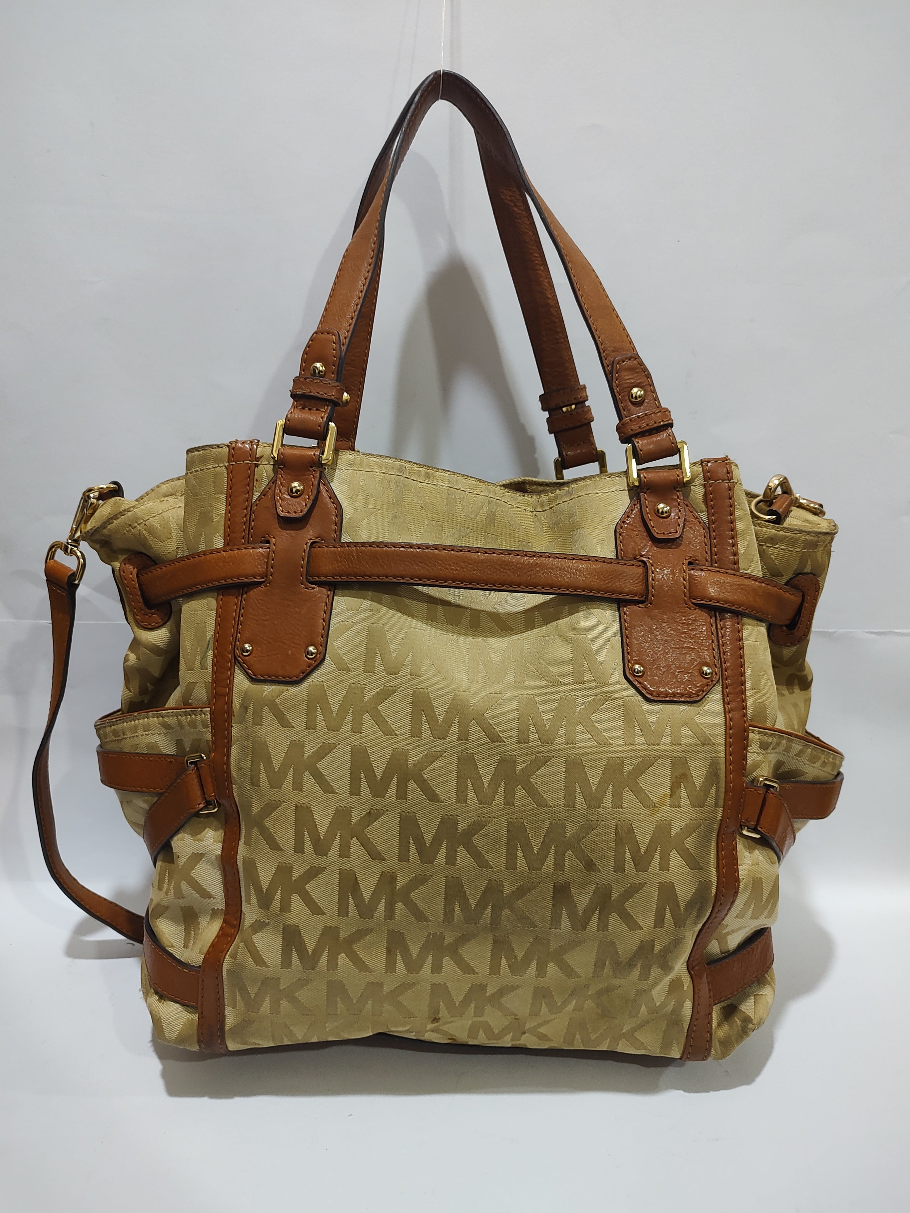 Premium Monogram Jacquard Satchel Bag – Elegant Beige & Tan Two-Tone