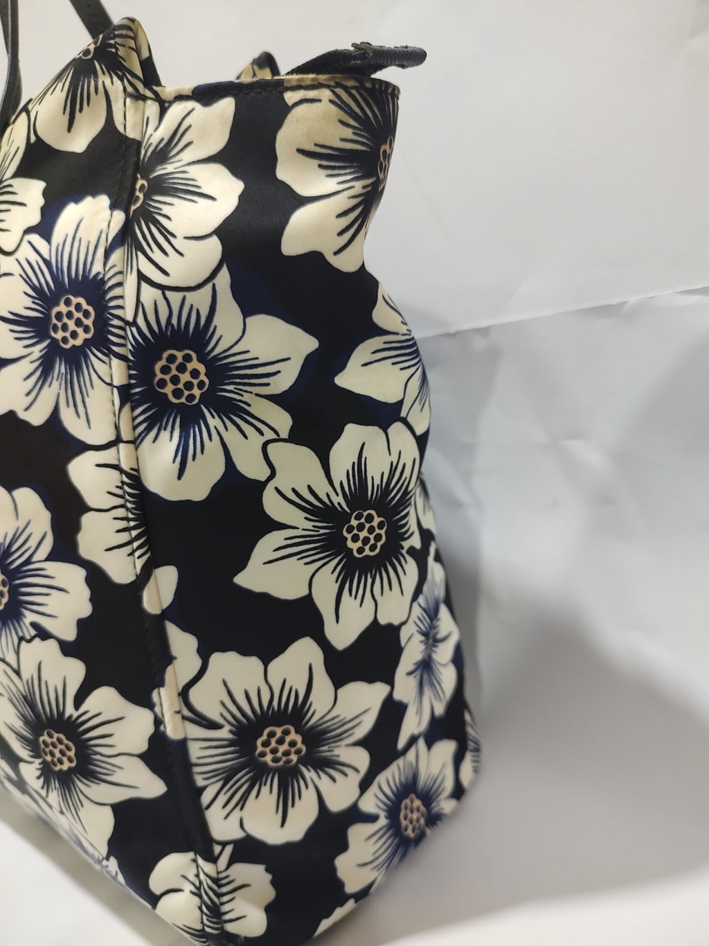 Large Floral Print Tote Bag – Navy Blue & Off-White Canvas with Black Handles