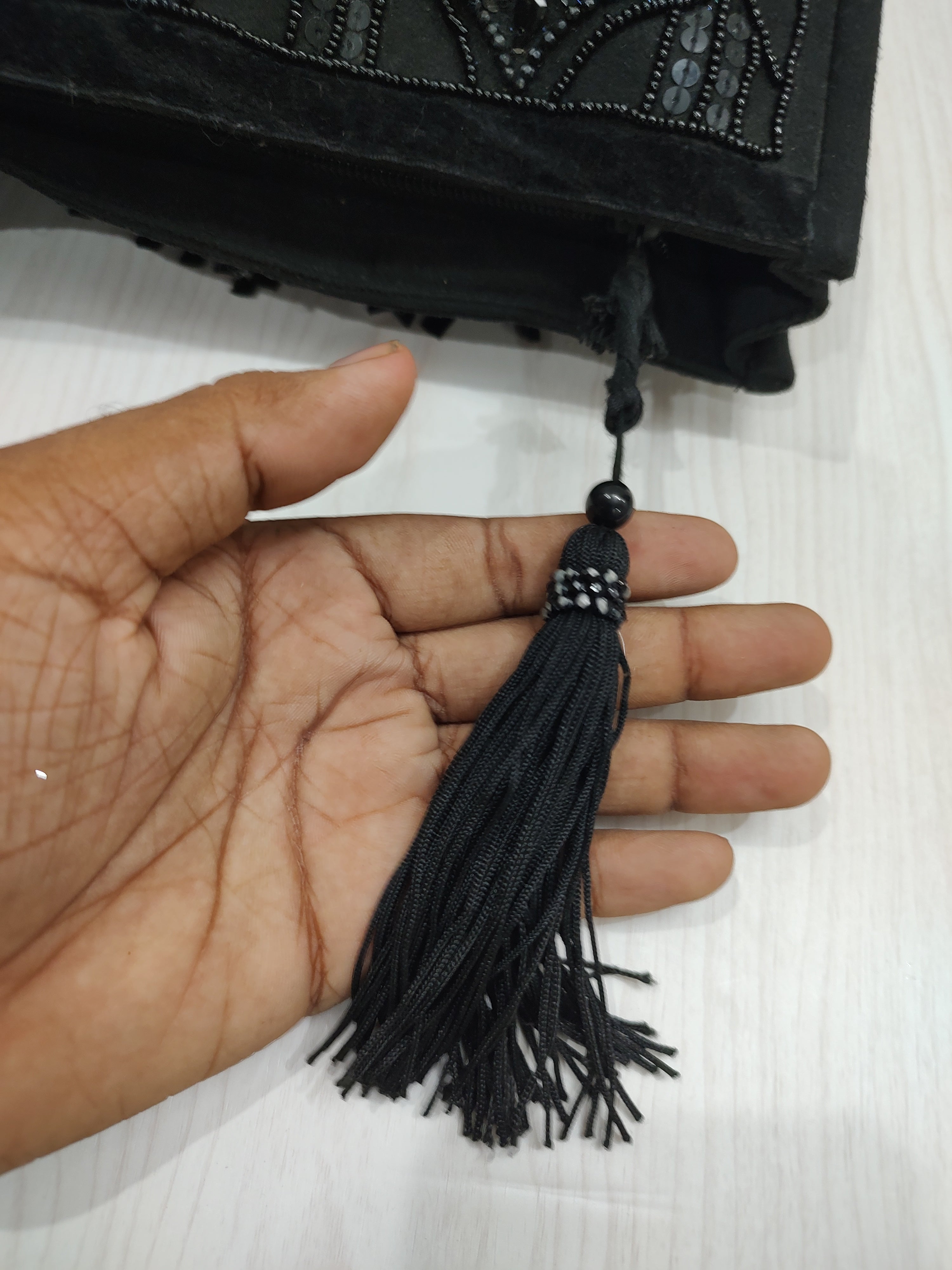 Boho-Glam Beaded Black Clutch with Dramatic Fringe