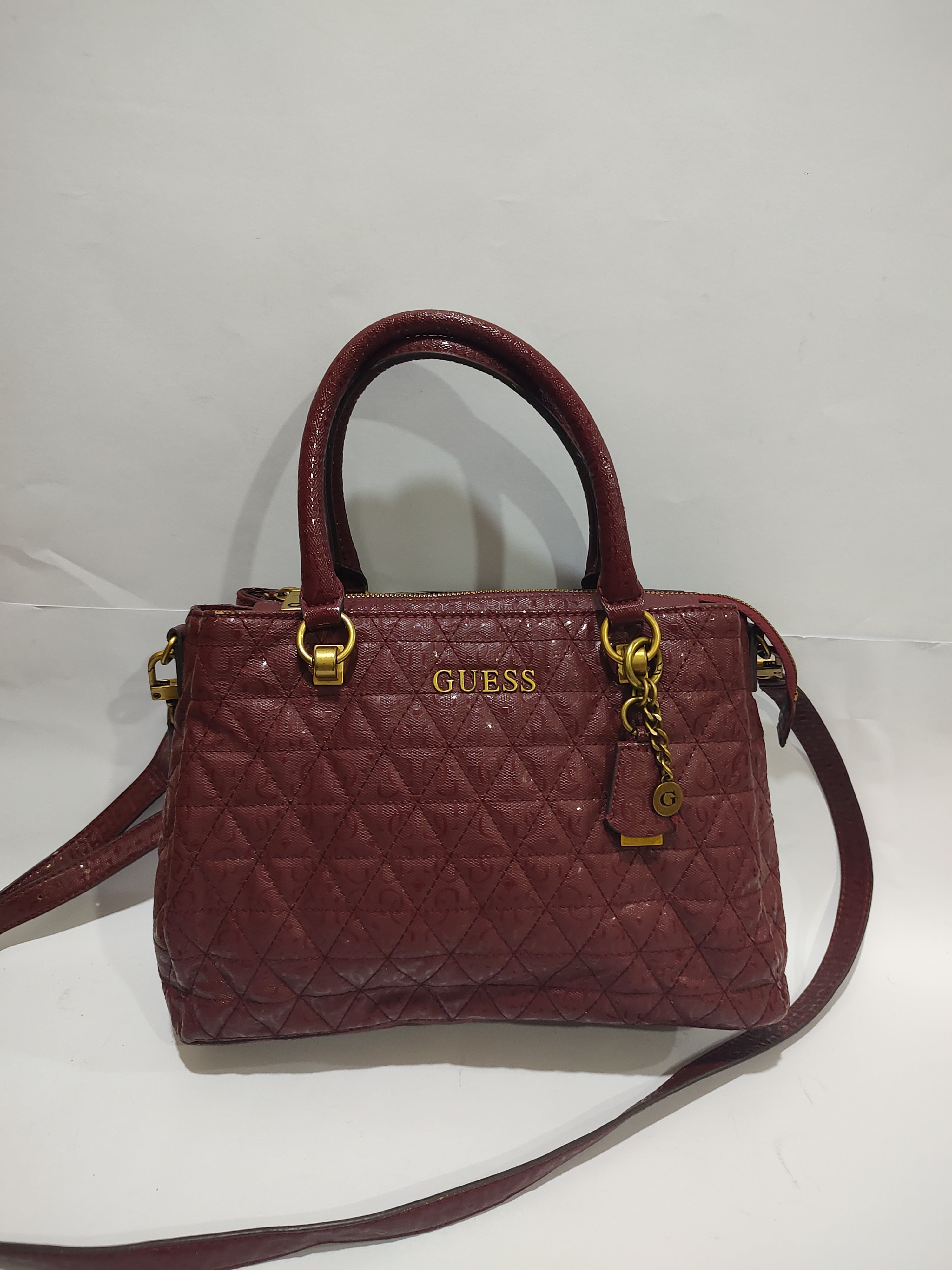 Elegant Maroon Quilted Satchel Bag – Textured Vegan Leather with Antique Gold Hardware