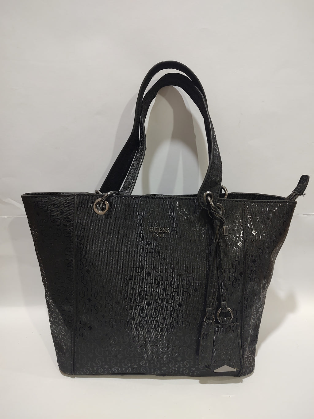 Glossy Black Monogram Large Tote – Embossed Textured Shoulder Bag with Gunmetal Accents