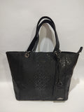 Glossy Black Monogram Large Tote – Embossed Textured Shoulder Bag with Gunmetal Accents