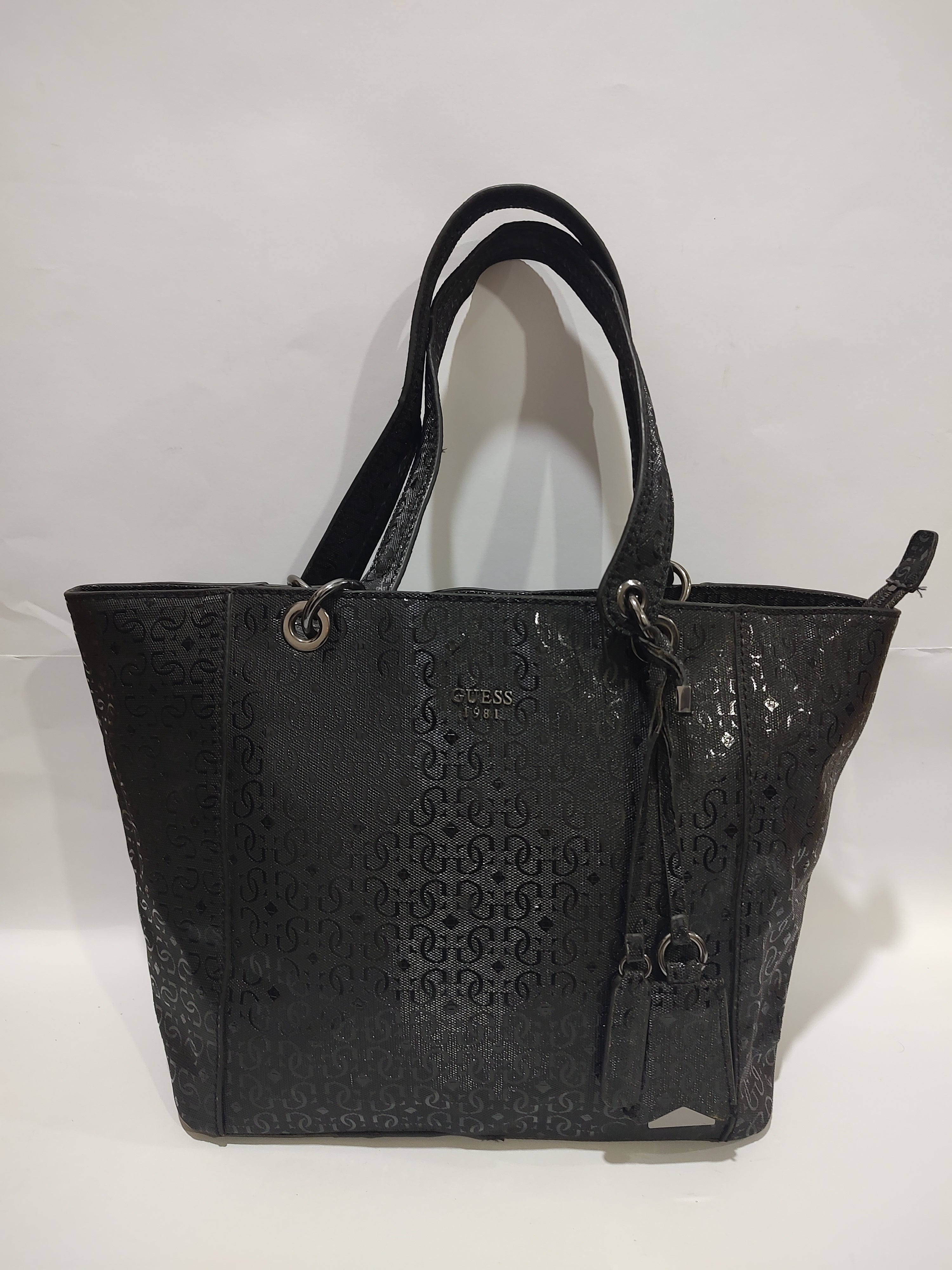 Glossy Black Monogram Large Tote – Embossed Textured Shoulder Bag with Gunmetal Accents