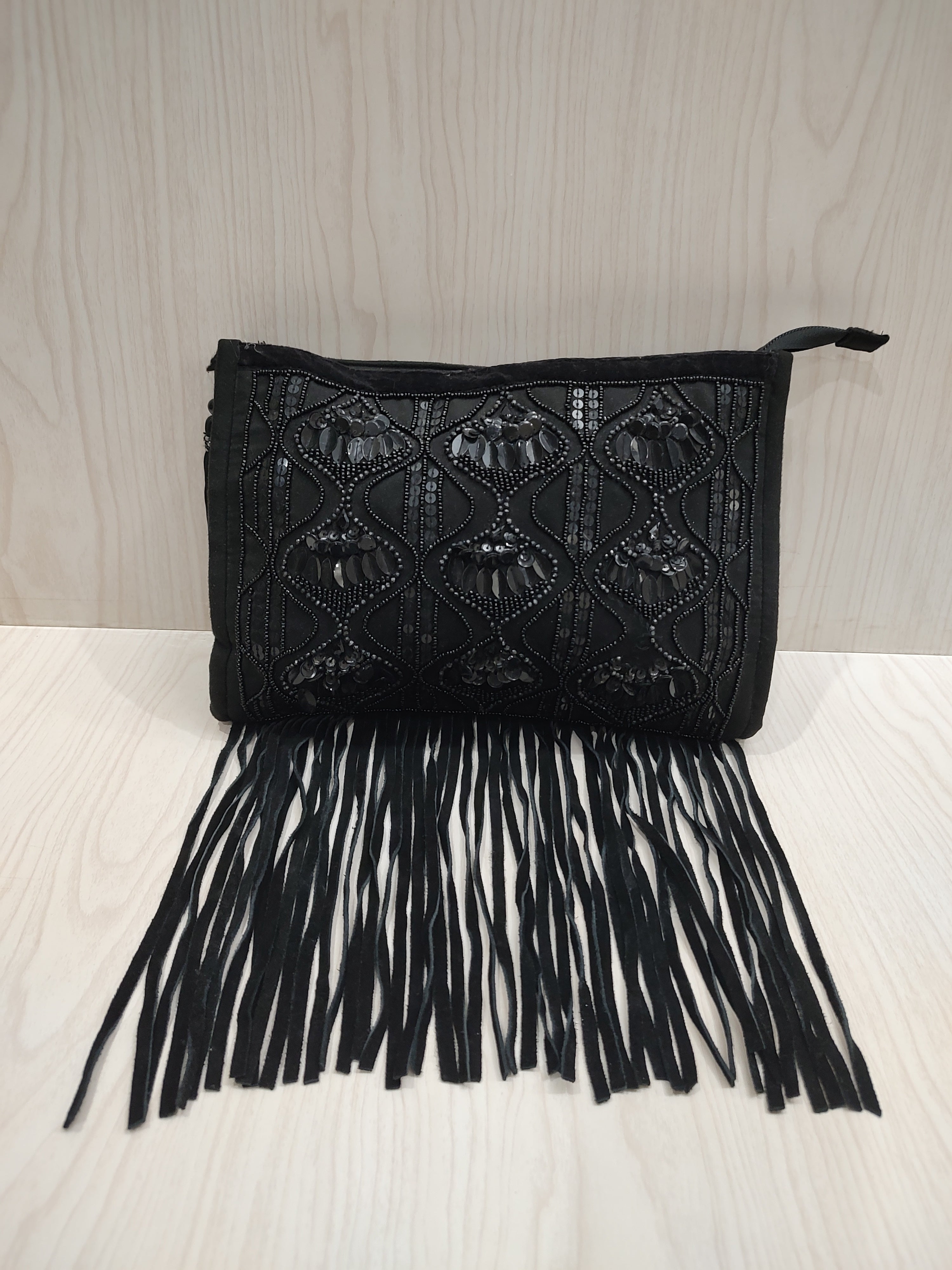 Boho-Glam Beaded Black Clutch with Dramatic Fringe