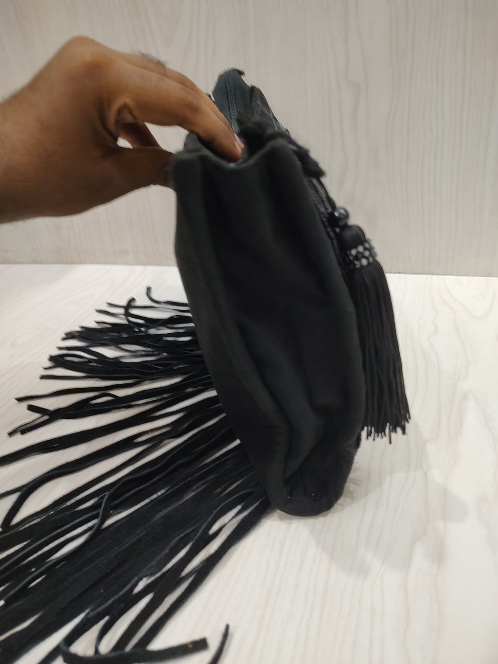 Boho-Glam Beaded Black Clutch with Dramatic Fringe