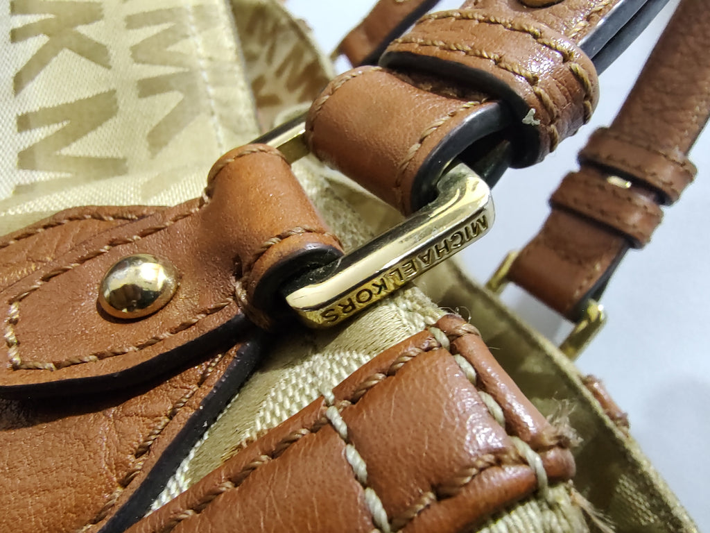 Premium Monogram Jacquard Satchel Bag – Elegant Beige & Tan Two-Tone