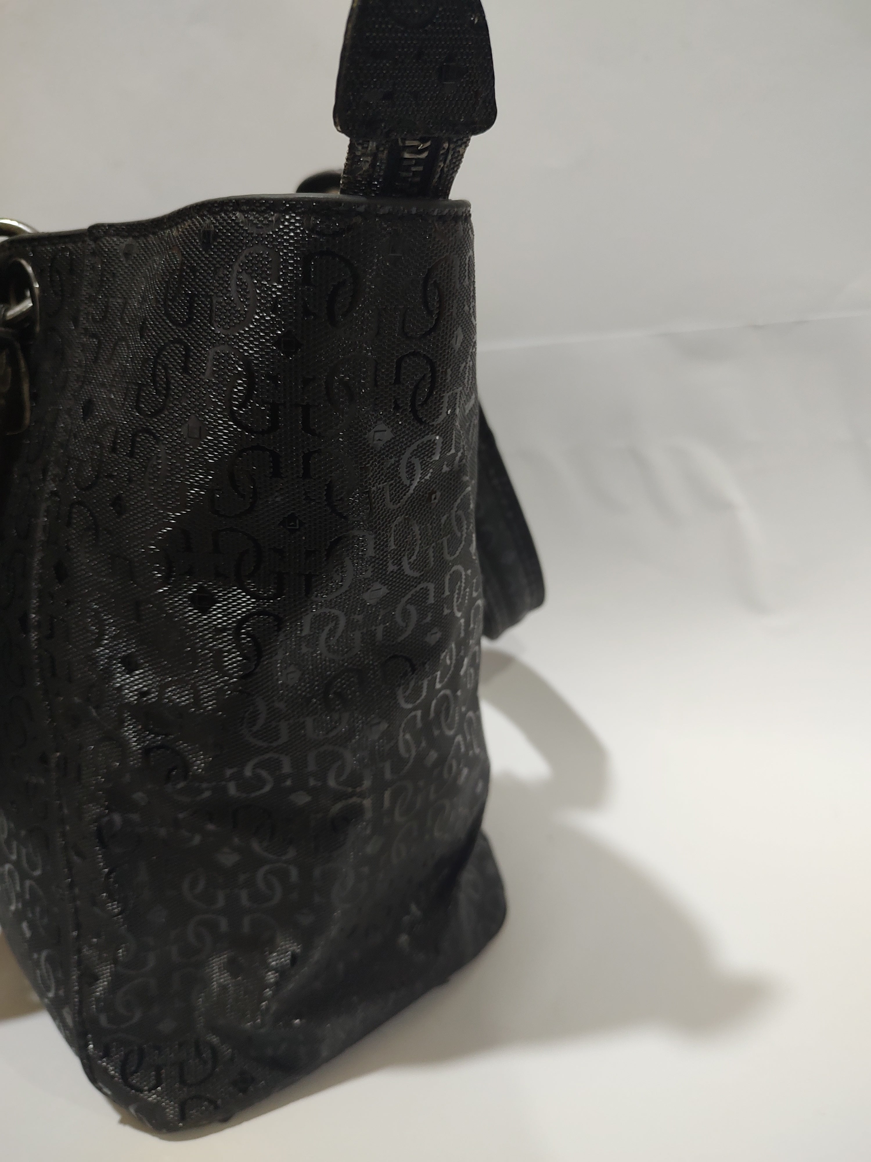 Glossy Black Monogram Large Tote – Embossed Textured Shoulder Bag with Gunmetal Accents