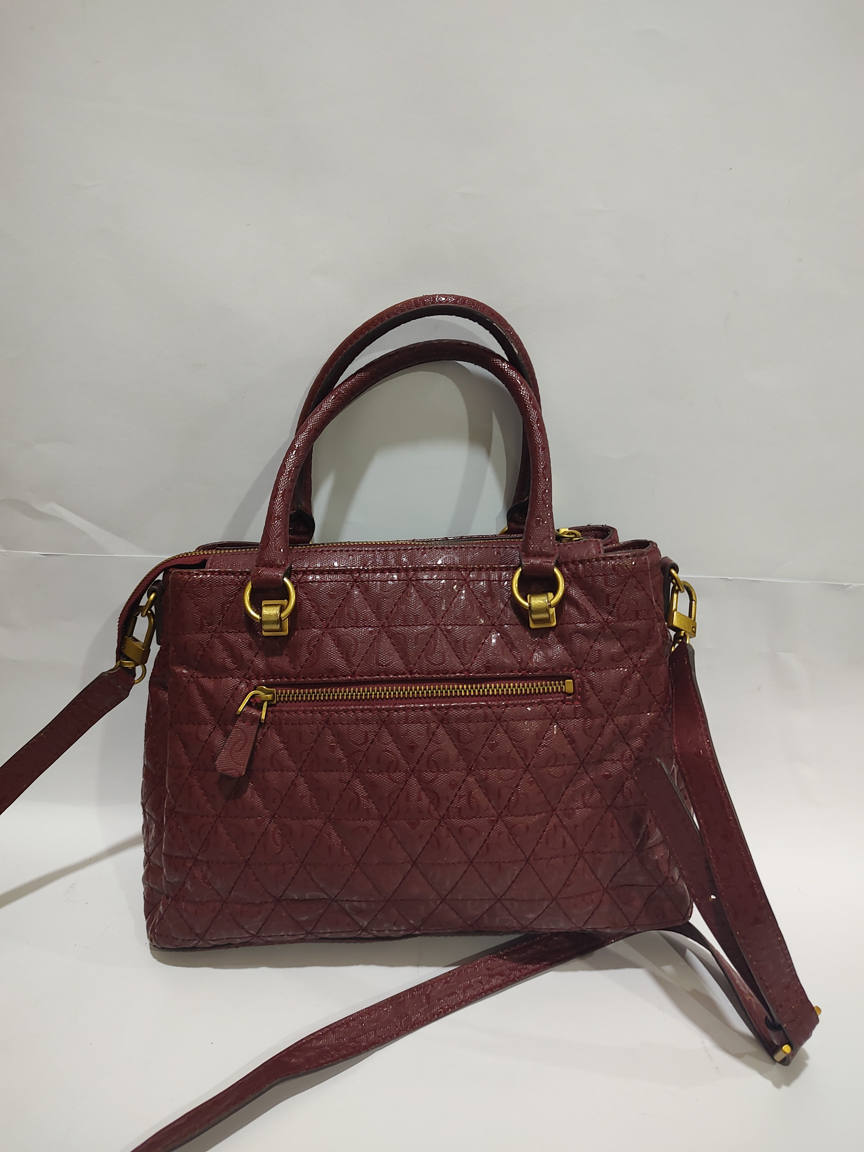 Elegant Maroon Quilted Satchel Bag – Textured Vegan Leather with Antique Gold Hardware