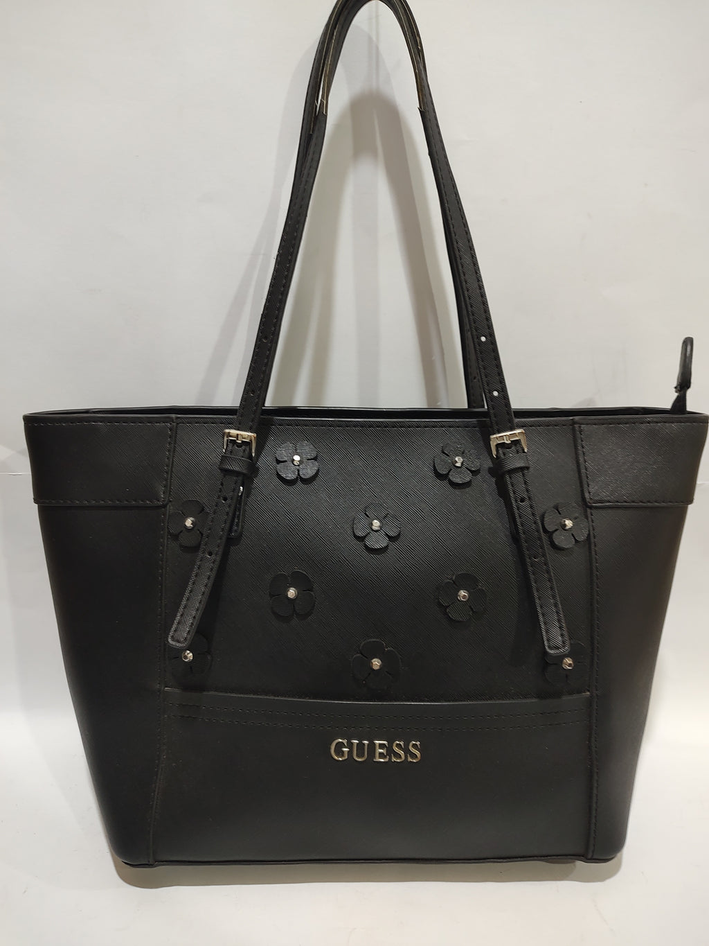 Black Floral Appliqué Textured Tote Bag 🌸