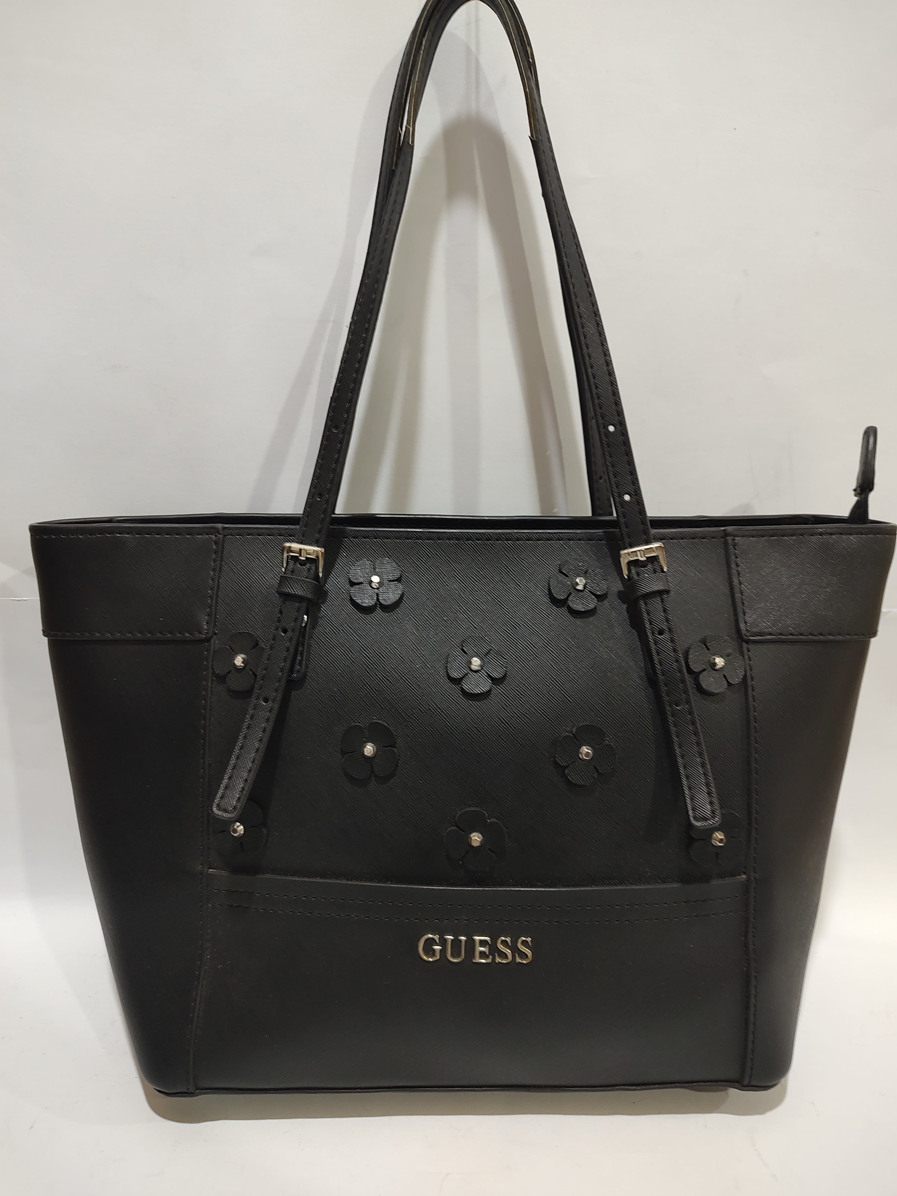 Black Floral Appliqué Textured Tote Bag 🌸