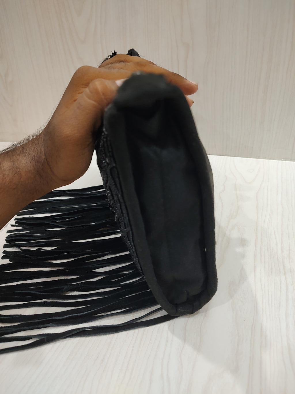 Boho-Glam Beaded Black Clutch with Dramatic Fringe