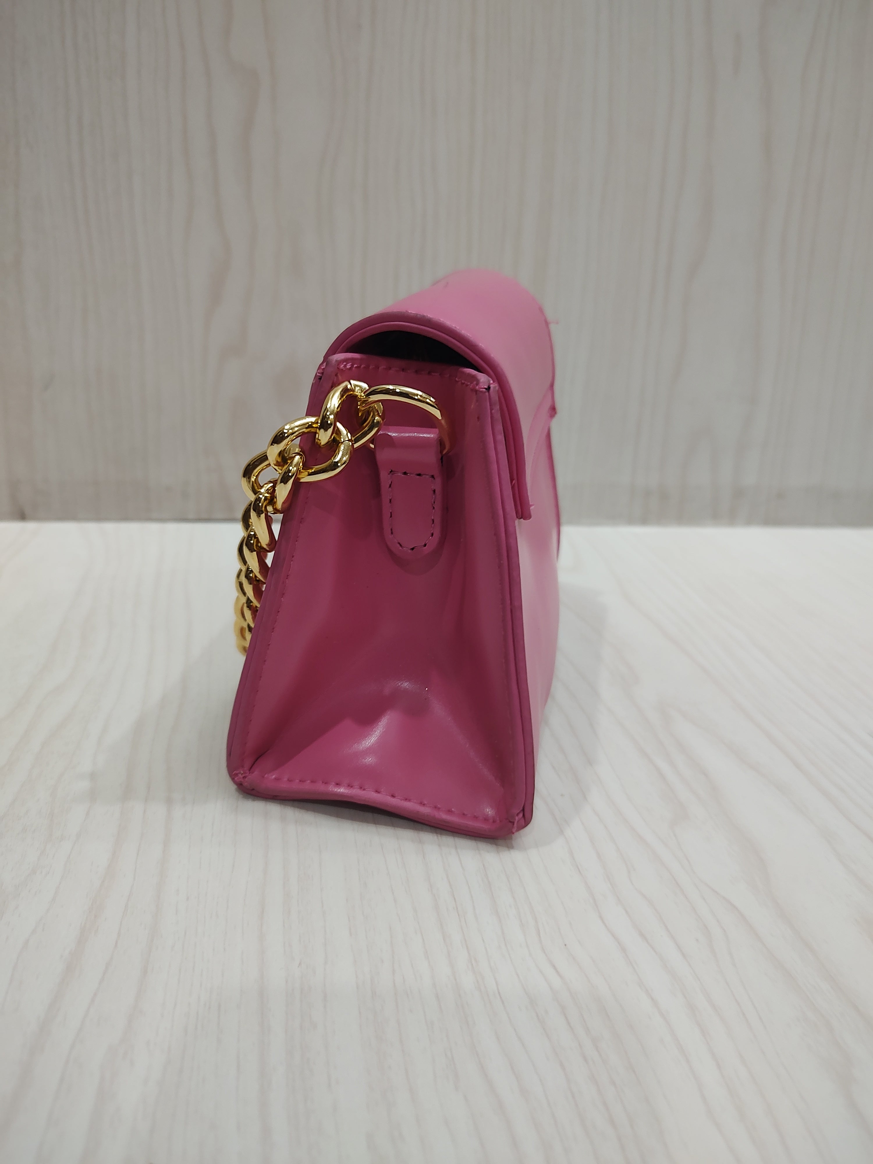 Bubblegum Pink Trapeze Mini Hand Bag with Chunky Gold Chain