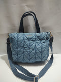 Quilted Denim Crossbody Tote - Leaf Pattern Stitching in Light Wash Blue 🧵💙