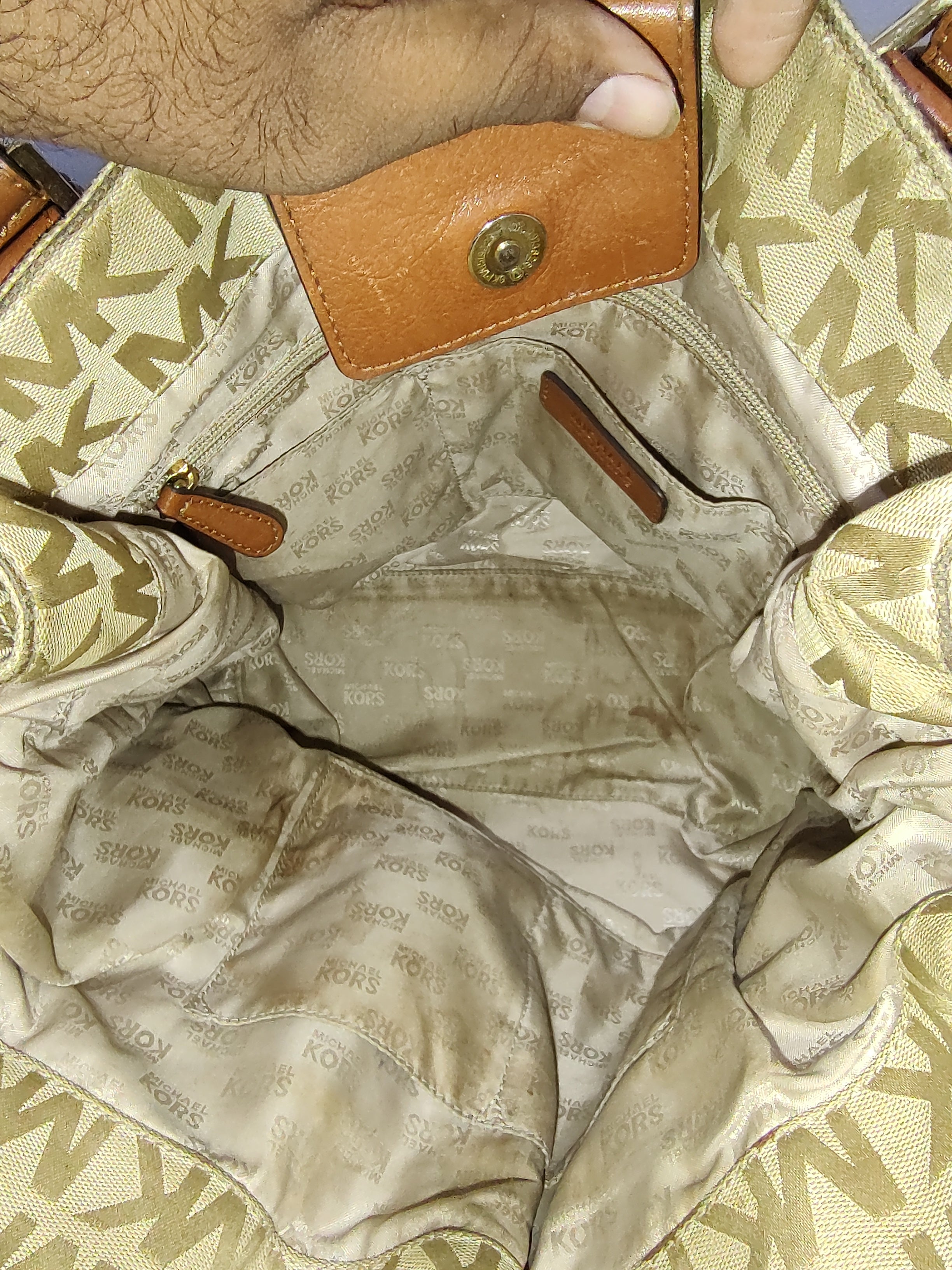 Premium Monogram Jacquard Satchel Bag – Elegant Beige & Tan Two-Tone